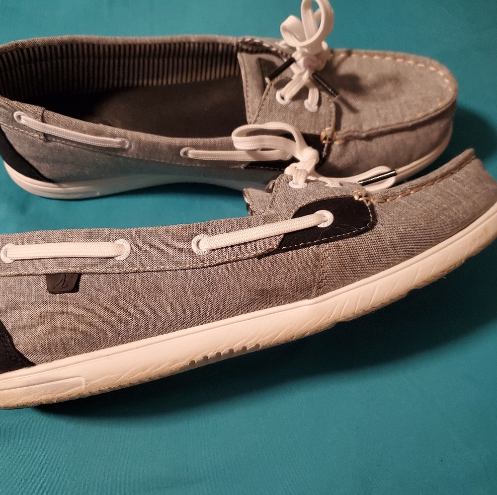 Grey, white, and black Sperry's
